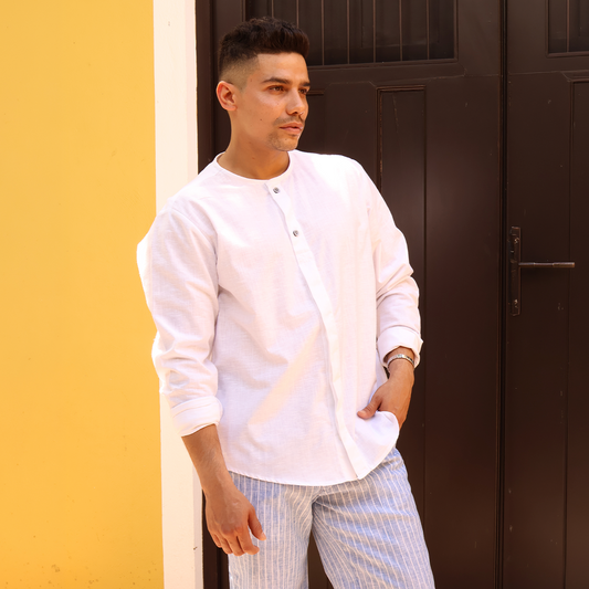 Camisa Blanca Hombre Manga Larga Cuello Redondo Texturizada Moderna