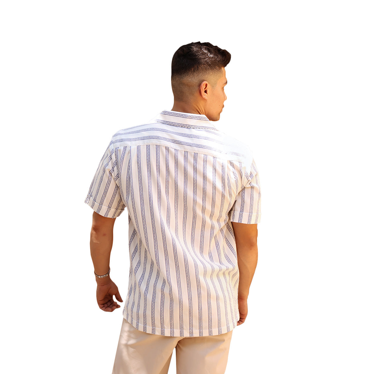 Men's Blue and White Vertical Print Cotton Loose Fit Shirt