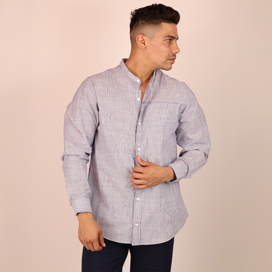 Camisa Azul Jaspe Hombre Cuello Mao con Bolsa Moderna