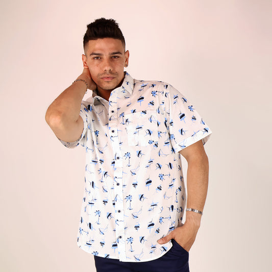 Camisa Nautica Hombre Algodon Azul con Blanco Manga Corta Estampada