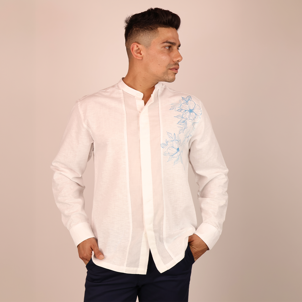 Camisa Hombre Blanca Cuello Mao Serigrafía Floral Moderna