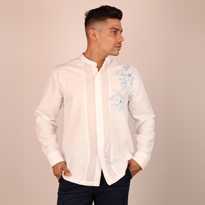 Camisa Hombre Blanca Cuello Mao Serigrafía Floral Moderna