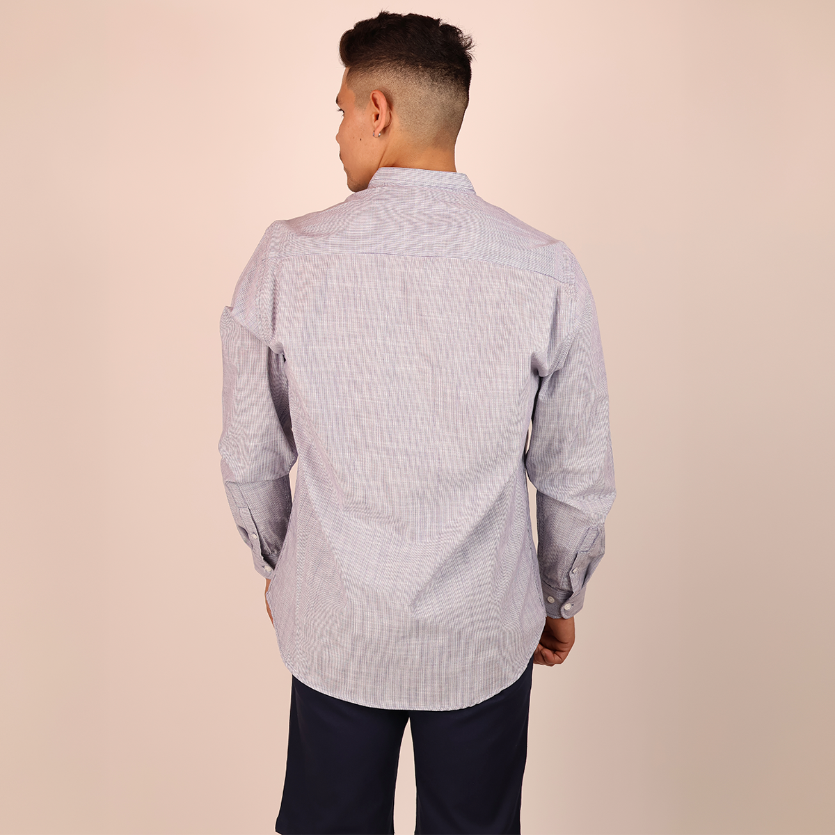 Camisa Azul Jaspe Hombre Cuello Mao con Bolsa Moderna