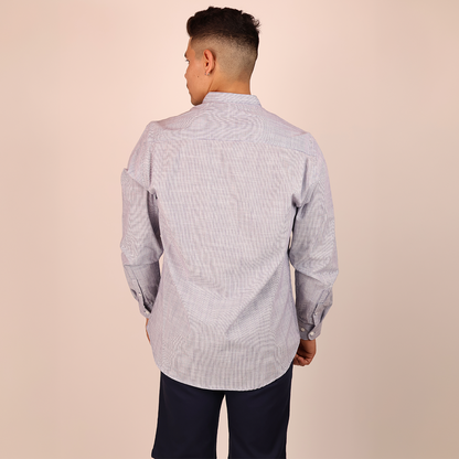 Camisa Azul Jaspe Hombre Cuello Mao con Bolsa Moderna