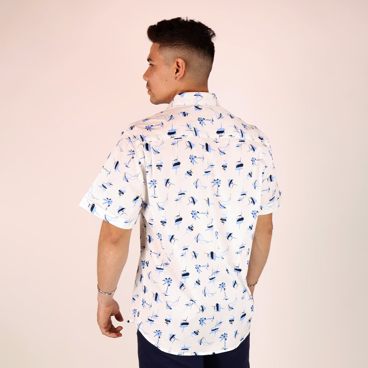 Men's Nautical Cotton Blue and White Short Sleeve Printed Shirt