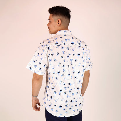 Men's Nautical Cotton Blue and White Short Sleeve Printed Shirt
