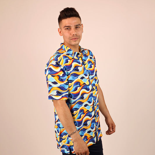Camisa Hombre Estampado Tropical Corte Relax Manga Corta Moderna