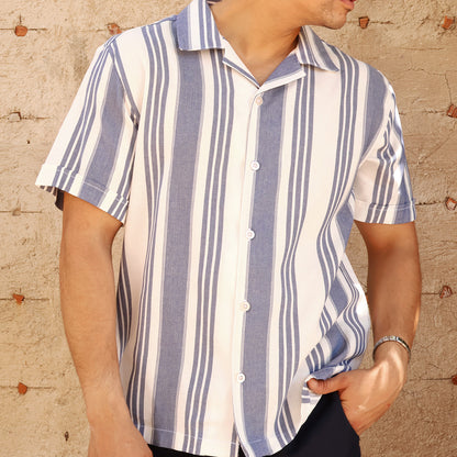 Camisa Hombre Loose Fit Estampado Vertical Cuello Resort Tela Algodón