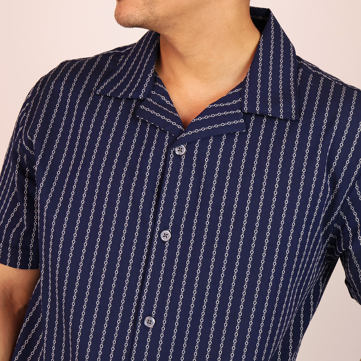 Camisa Azul Marino Estampado Casual Hombre Loose Fit Algodón