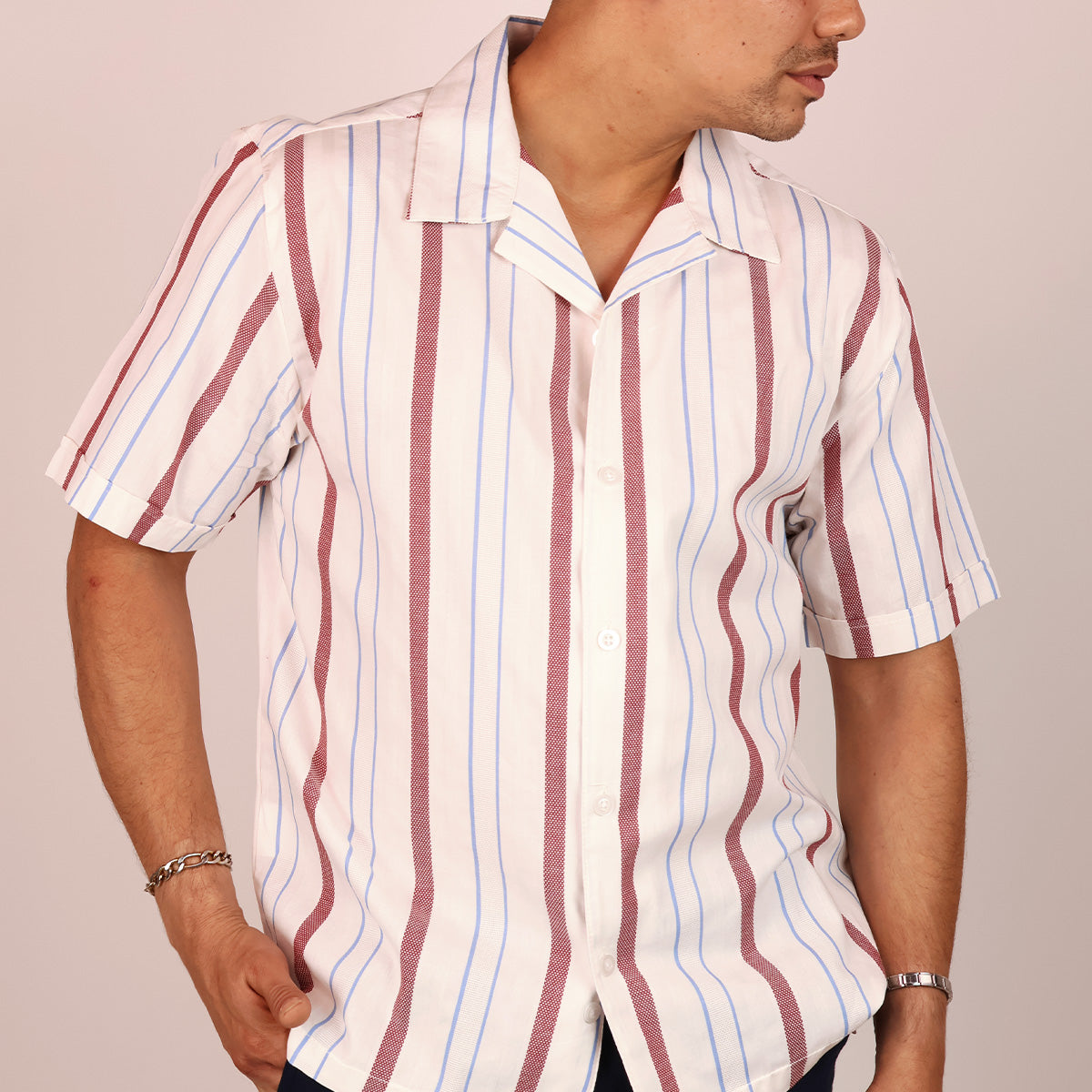 Men's Vertical Print Resort Collar Cotton Loose Fit Shirt