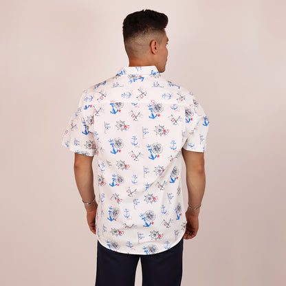 Men's Nautical Print Short Sleeve Cotton Shirt