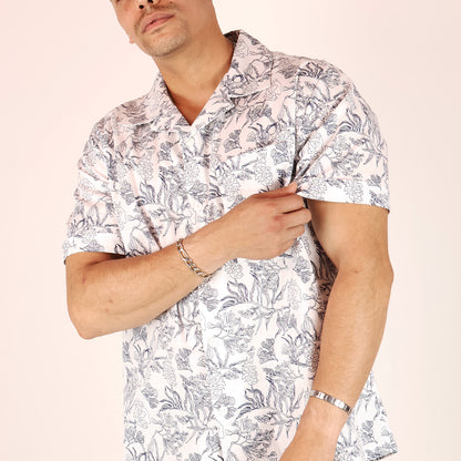 Men's Floral Line Art Tropical Short Sleeve Casual Shirt