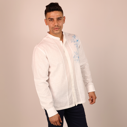 Camisa Hombre Blanca Cuello Mao Serigrafía Floral Moderna