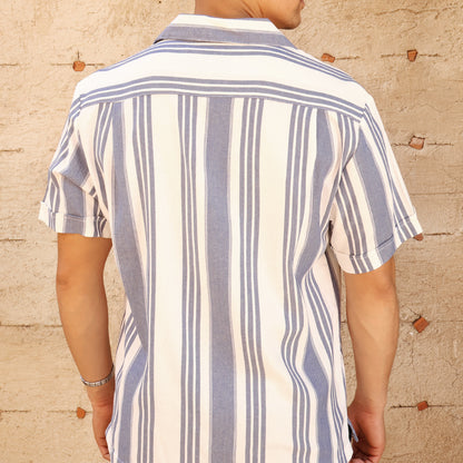 Camisa Hombre Loose Fit Estampado Vertical Cuello Resort Tela Algodón