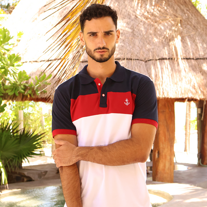 Polo de hombre con franjas tricolor azul marino, rojo y blanco