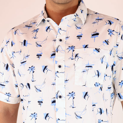 Men's Nautical Cotton Blue and White Short Sleeve Printed Shirt