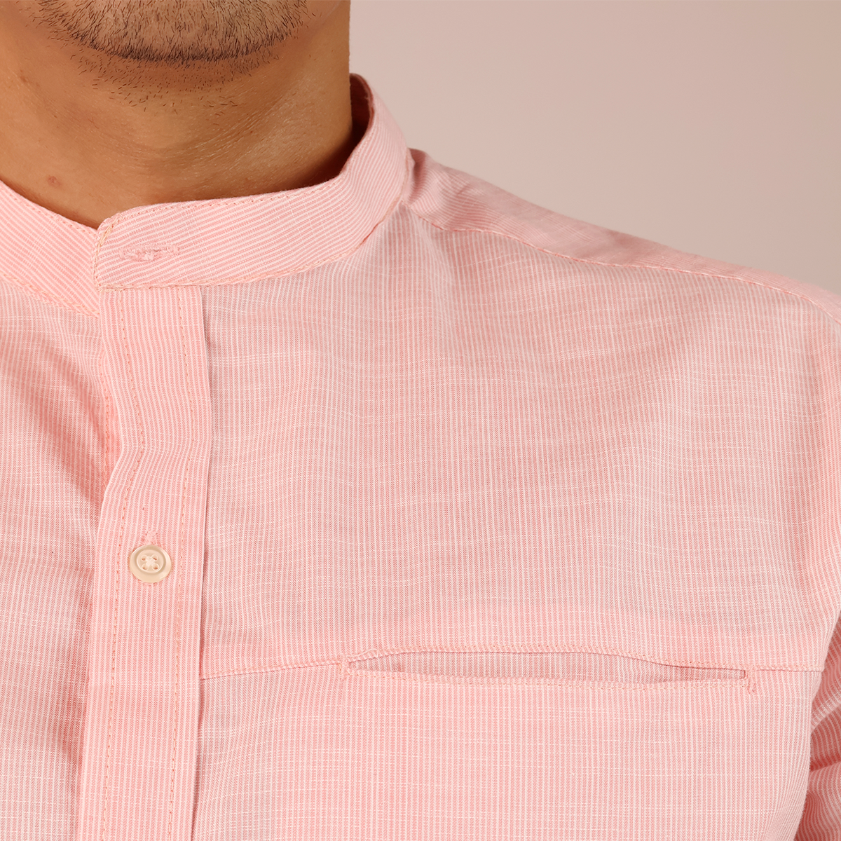 Camisa Coral Hombre Cuello Mao Jaspeada con Bolsa Moderna