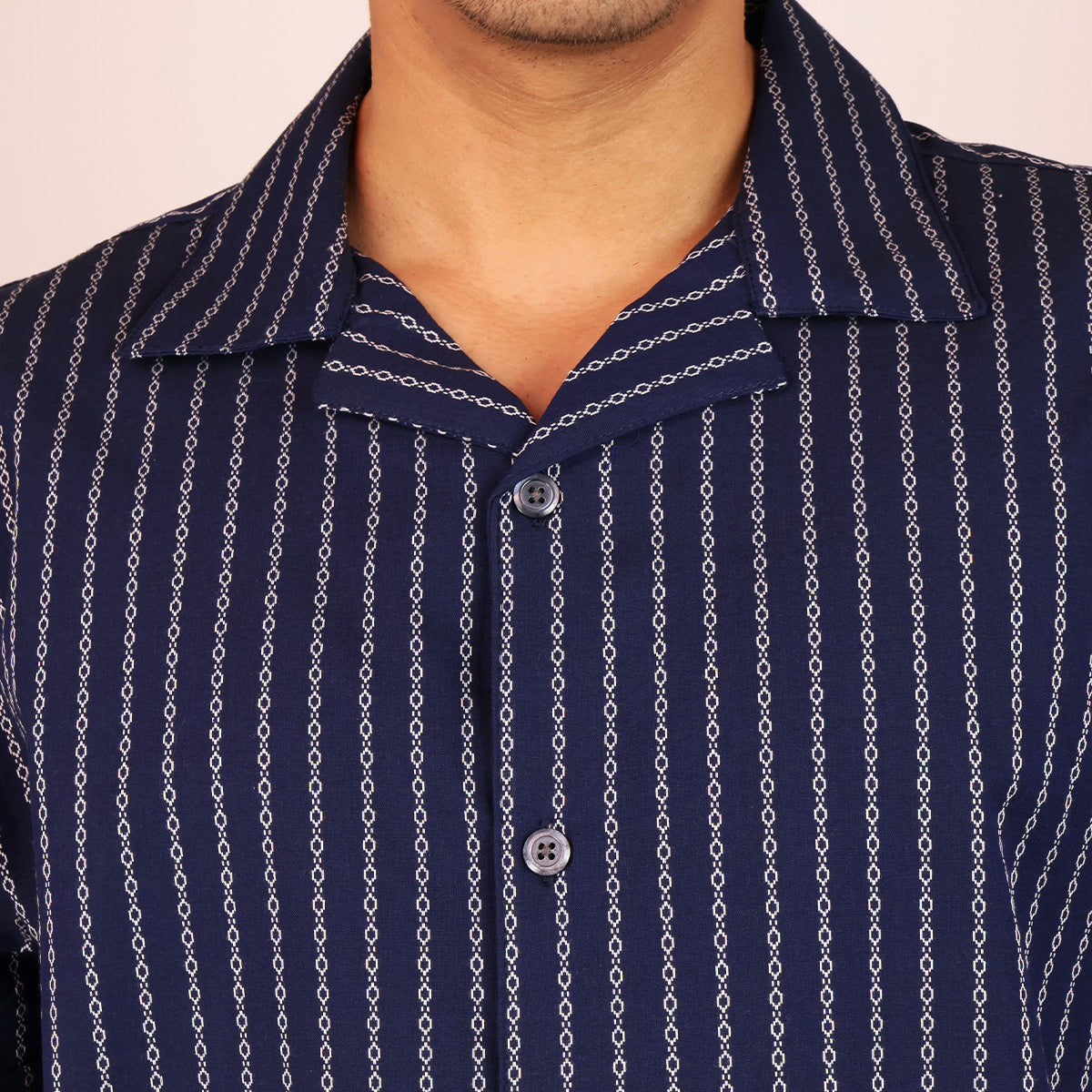 Camisa Azul Marino Estampado Casual Hombre Loose Fit Algodón