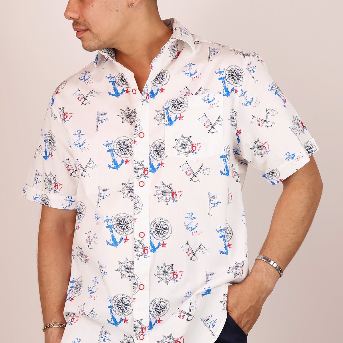 Men's Nautical Print Short Sleeve Cotton Shirt