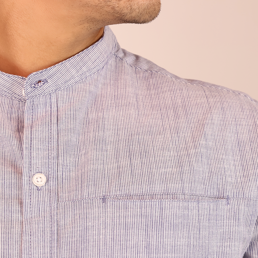 Camisa Azul Jaspe Hombre Cuello Mao con Bolsa Moderna