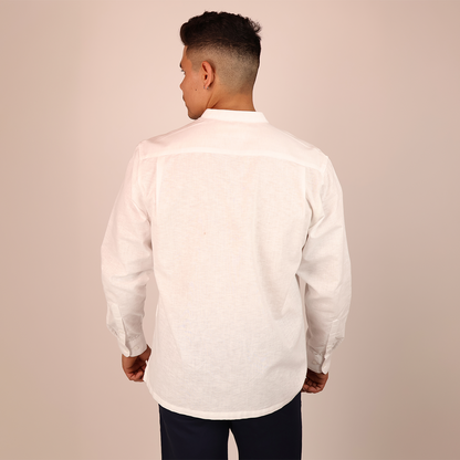Camisa Hombre Blanca Cuello Mao Serigrafía Floral Moderna