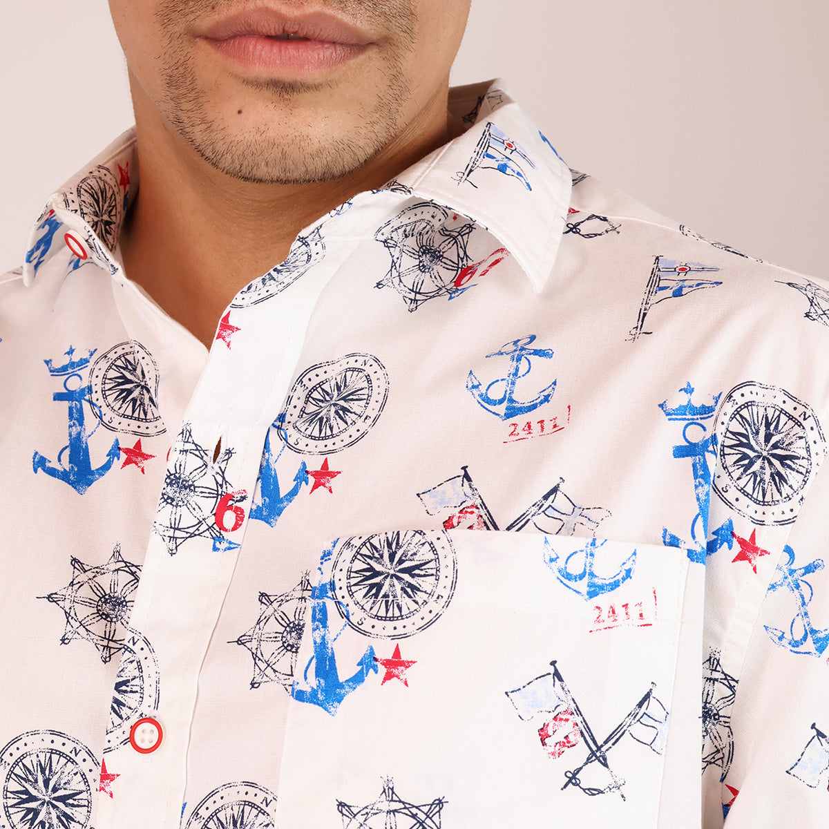 Men's Nautical Print Short Sleeve Cotton Shirt
