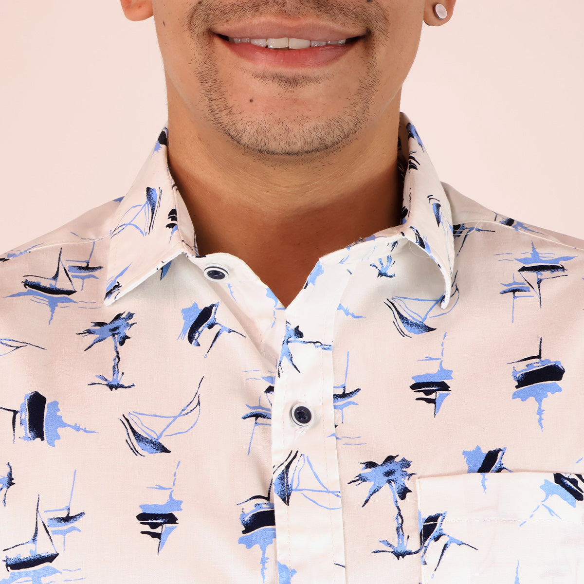 Men's Nautical Cotton Blue and White Short Sleeve Printed Shirt