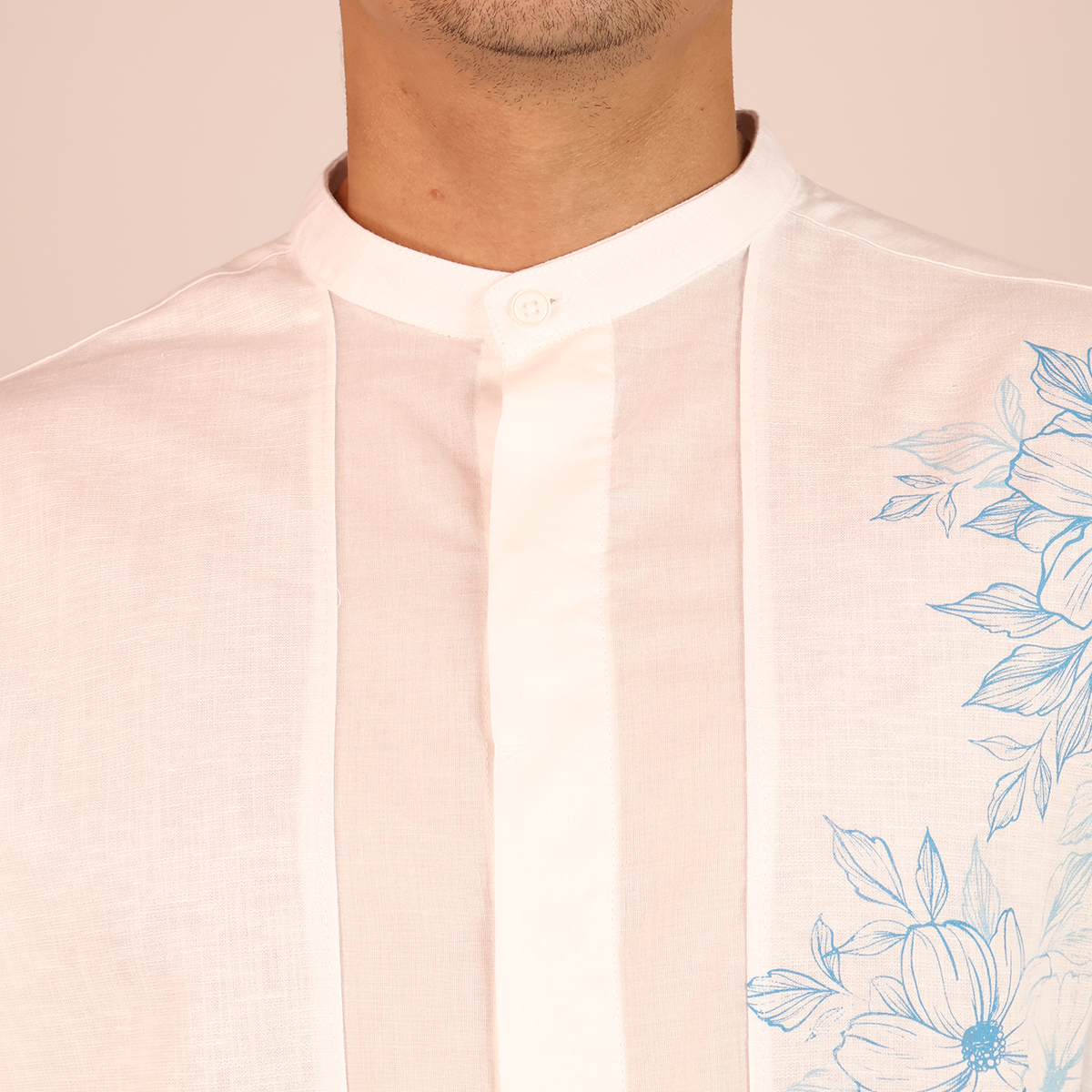 Camisa Hombre Blanca Cuello Mao Serigrafía Floral Moderna