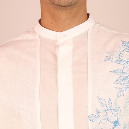 Camisa Hombre Blanca Cuello Mao Serigrafía Floral Moderna