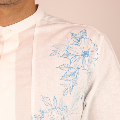 Camisa Hombre Blanca Cuello Mao Serigrafía Floral Moderna