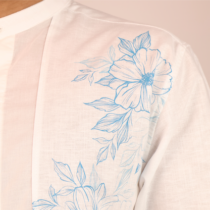 Camisa Hombre Blanca Cuello Mao Serigrafía Floral Moderna