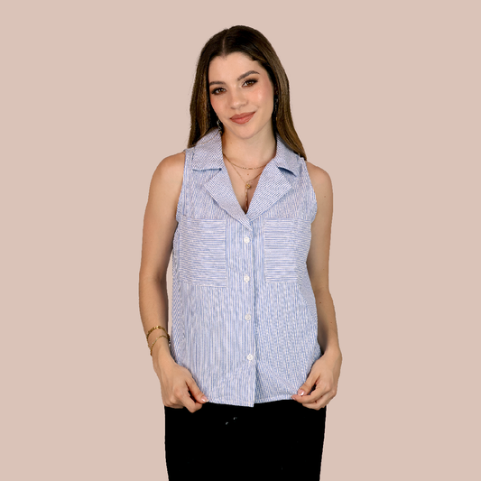 Blusa Mujer Camisera Sisada Con Rayas Verticales Y Bolsas Parche