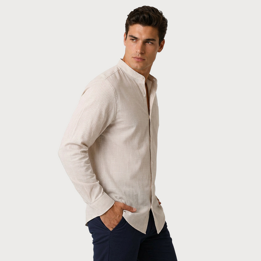 Camisa Caqui Hombre Manga Larga Cuello Mao Jaspeada con Bolsa