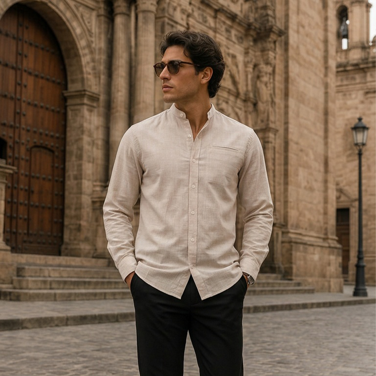 Camisa Caqui Hombre Manga Larga Cuello Mao Jaspeada con Bolsa