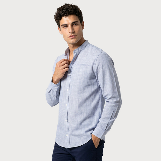 Camisa Azul Jaspe Hombre Cuello Mao con Bolsa Moderna