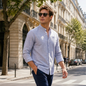 Camisa Azul Jaspe Hombre Cuello Mao con Bolsa Moderna