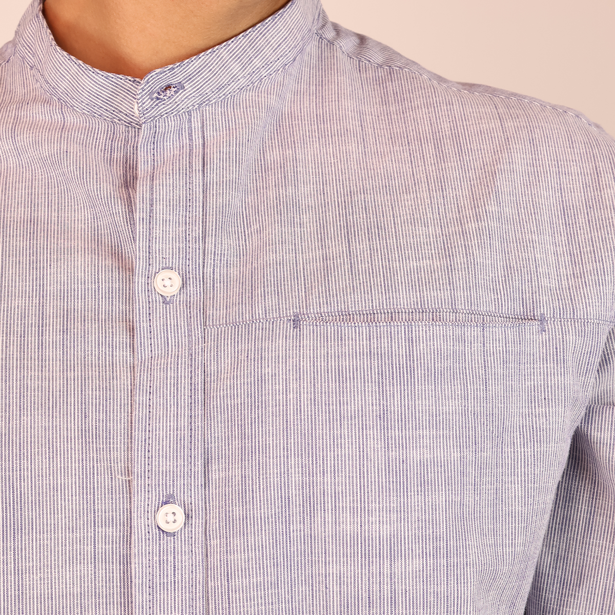 Camisa Azul Jaspe Hombre Cuello Mao con Bolsa Moderna
