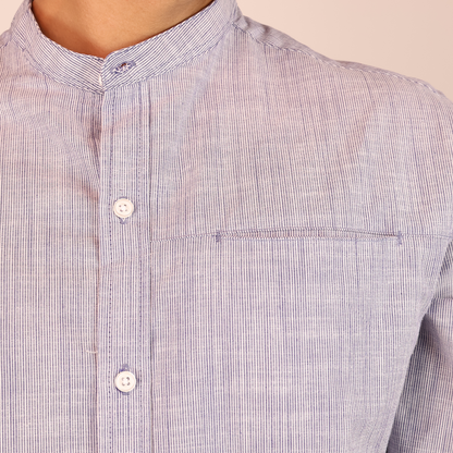 Camisa Azul Jaspe Hombre Cuello Mao con Bolsa Moderna