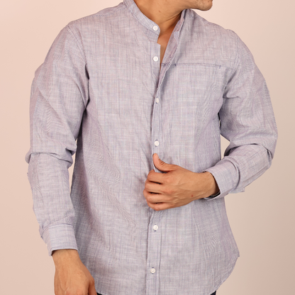 Camisa Azul Jaspe Hombre Cuello Mao con Bolsa Moderna