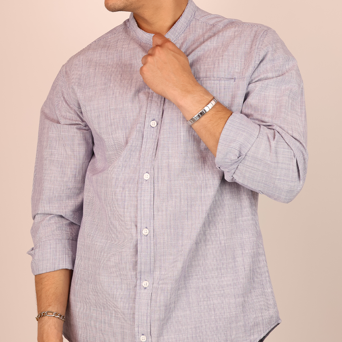 Camisa Azul Jaspe Hombre Cuello Mao con Bolsa Moderna