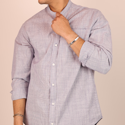 Camisa Azul Jaspe Hombre Cuello Mao con Bolsa Moderna