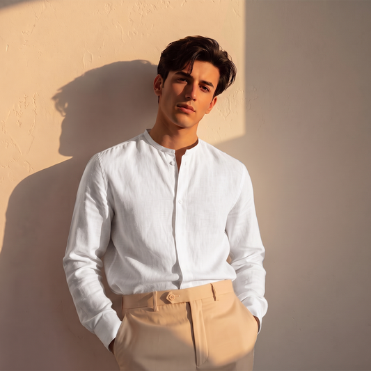 Camisa Blanca Hombre Manga Larga Cuello Redondo Texturizada Moderna