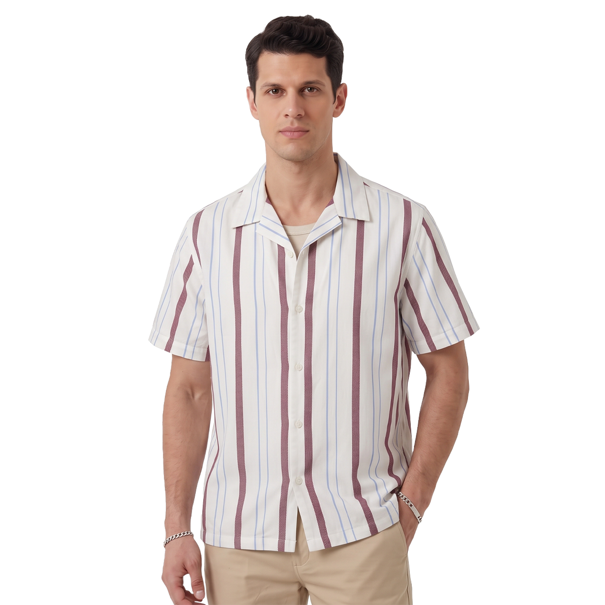 Camisa Hombre Estampado Vertical Cuello Resort de Algodón Corte Loose Fit