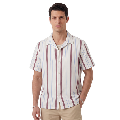 Camisa Hombre Estampado Vertical Cuello Resort de Algodón Corte Loose Fit