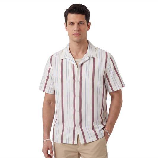 Men's Vertical Print Resort Collar Cotton Loose Fit Shirt