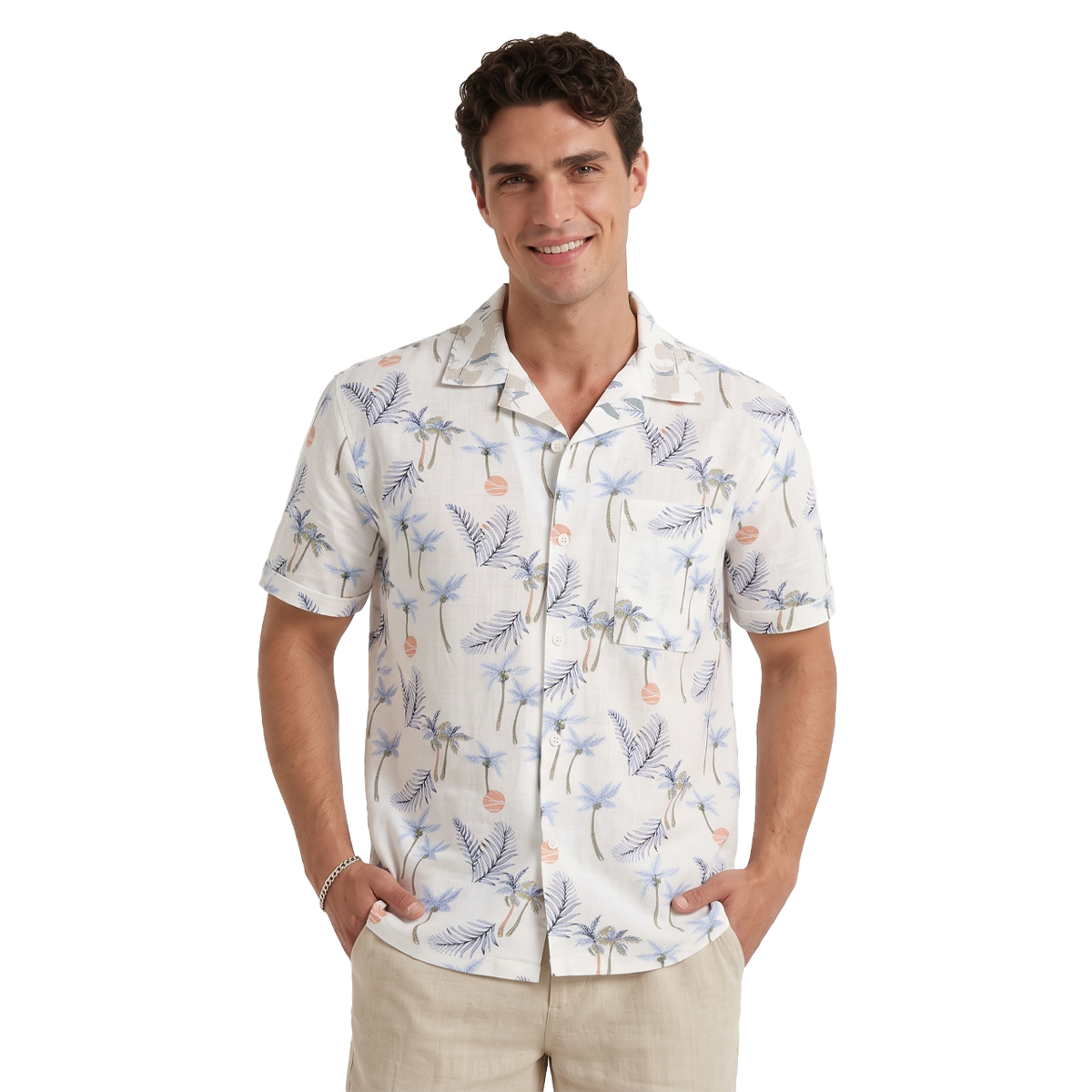 Camisa Hombre Manga Corta Estampado Tropical Moderna Cuello Resort