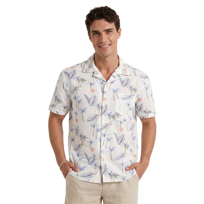 Camisa Hombre Manga Corta Estampado Tropical Moderna Cuello Resort
