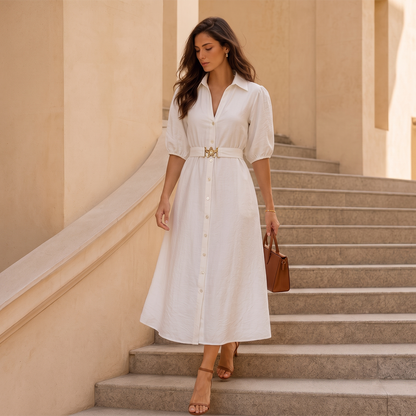 Vestido Camisero Largo Mujer Crudo Escote V Manga Elástica con Cinturón