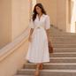 Vestido Camisero Largo Mujer Crudo Escote V Manga Elástica con Cinturón