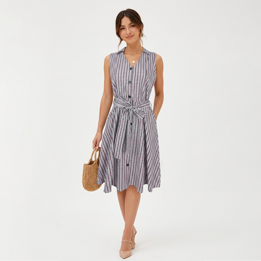 Vestido Camisero Mujer Escote V Casual Estampado Cuadros Rosa